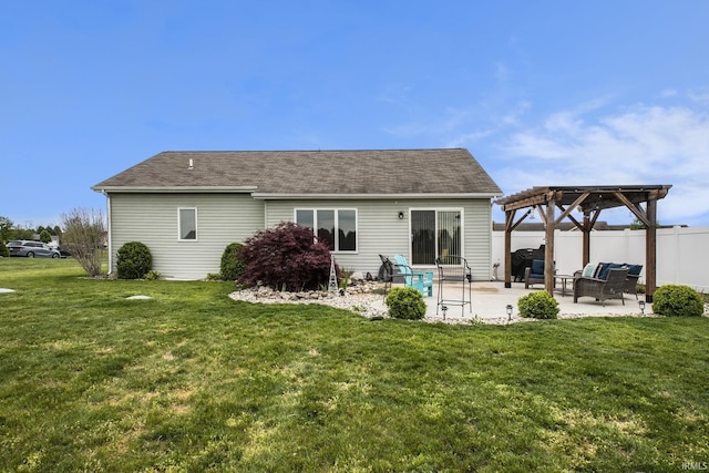 rear view of house featuring a patio area, a pergola, outdoor lounge area, and roof with shingles