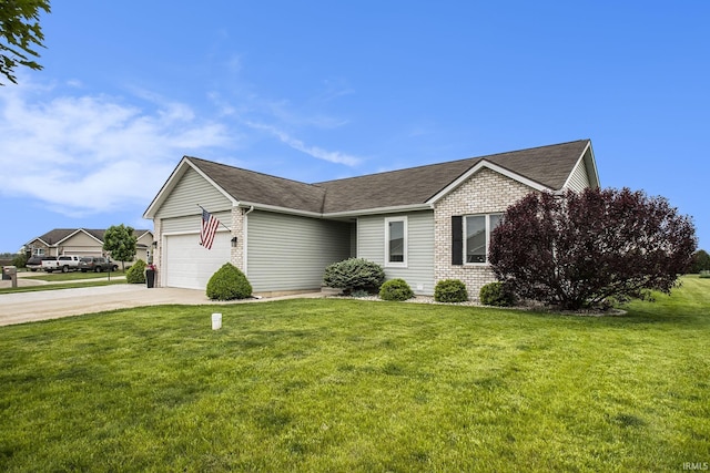 single story home featuring a garage, concrete driveway, a front lawn, and a shingled roof
