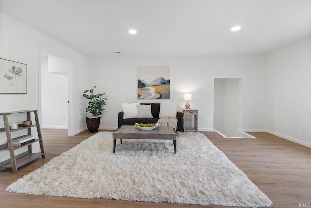 living area featuring wood finished floors, baseboards, and recessed lighting