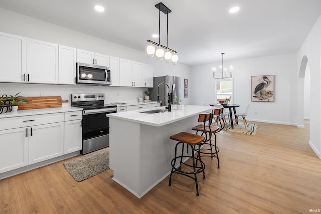 kitchen featuring appliances with stainless steel finishes, a sink, light wood finished floors, decorative backsplash, and a center island with sink