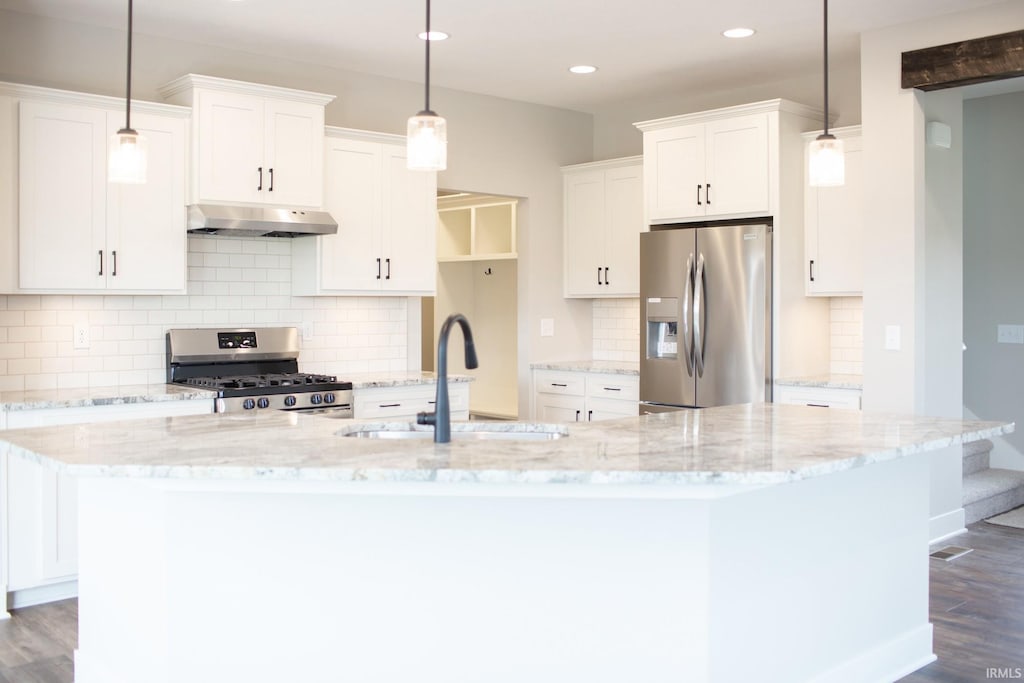 kitchen with stainless steel appliances, a sink, under cabinet range hood, dark wood-style floors, and white cabinets