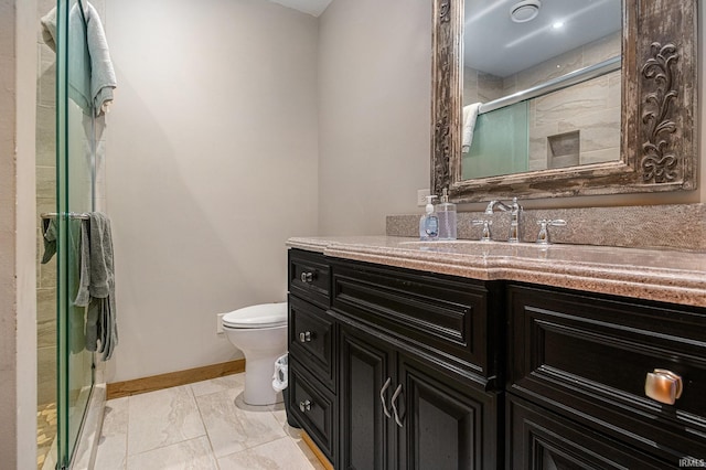 5480 E 900 N, Syracuse, IN 46567 - bathroom with a shower stall, toilet, vanity, baseboards, and marble finish flooring