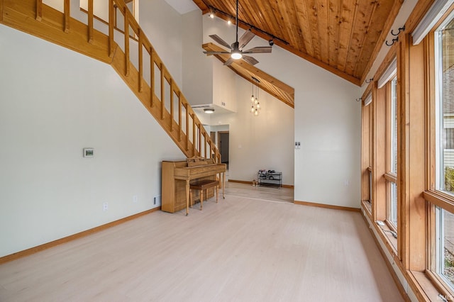 5480 E 900 N, Syracuse, IN 46567 - unfurnished living room featuring light wood finished floors, wooden ceiling, stairs, baseboards, and a ceiling fan