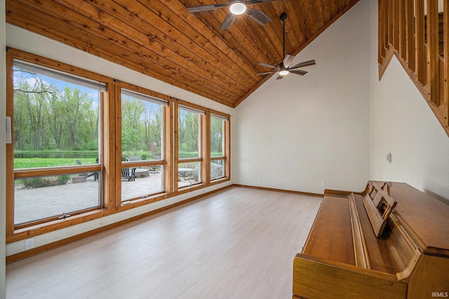 5480 E 900 N, Syracuse, IN 46567 - unfurnished living room with wooden ceiling, ceiling fan, light wood finished floors, baseboards, and high vaulted ceiling