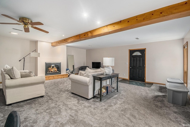 5480 E 900 N, Syracuse, IN 46567 - carpeted living area with ceiling fan, recessed lighting, a glass covered fireplace, beamed ceiling, and baseboards