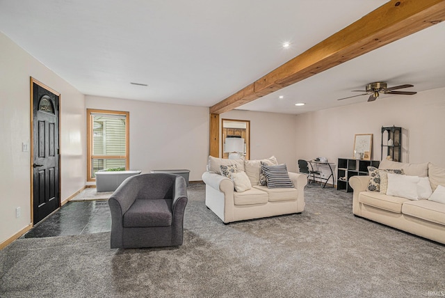 5480 E 900 N, Syracuse, IN 46567 - living area featuring baseboards, carpet flooring, beam ceiling, recessed lighting, and ceiling fan