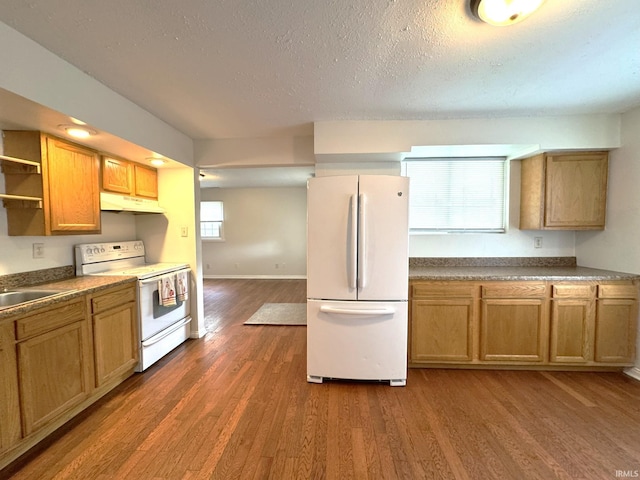 819 N Mccann St, Kokomo, IN 46901 - kitchen with white appliances, dark wood-style floors, under cabinet range hood, a textured ceiling, and open shelves