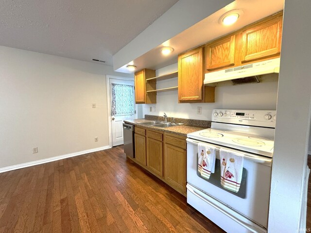 819 N Mccann St, Kokomo, IN 46901 - kitchen with white electric range, under cabinet range hood, a sink, stainless steel dishwasher, and dark wood-style floors