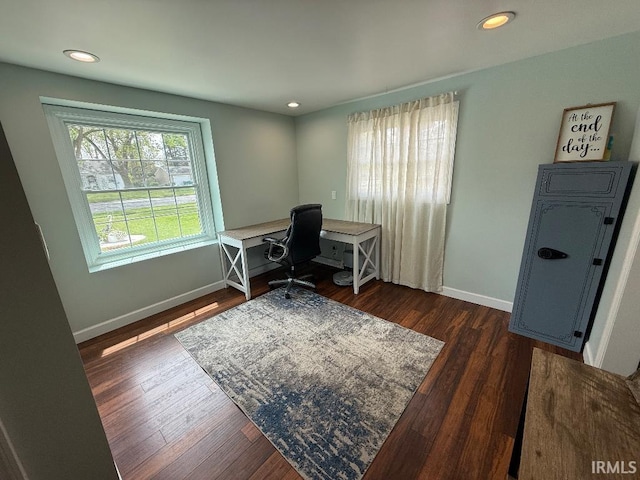 office with baseboards, recessed lighting, and dark wood-style floors