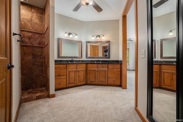 51205 County Road 25th Rd, Bristol, IN 46507 - full bath with a ceiling fan, a walk in shower, double vanity, and carpet flooring