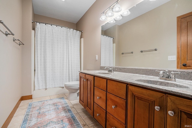 51205 County Road 25th Rd, Bristol, IN 46507 - bathroom featuring double vanity, tile patterned flooring, toilet, and shower / tub combo with curtain