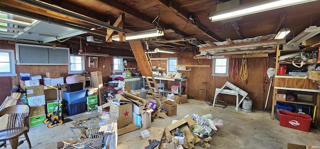 basement featuring wood walls