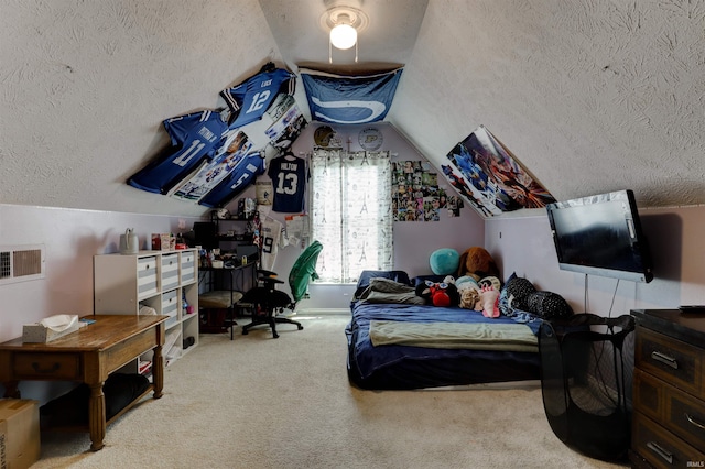 4732 Rathbone Dr, Evansville, IN 47725 - bedroom featuring a textured ceiling, carpet, and lofted ceiling