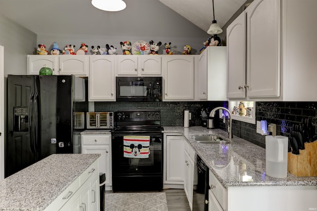 4732 Rathbone Dr, Evansville, IN 47725 - kitchen with black appliances, a sink, white cabinetry, light stone countertops, and decorative backsplash