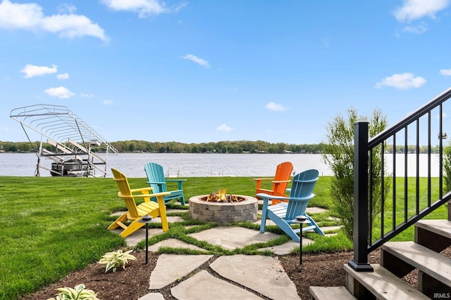 view of patio / terrace featuring an outdoor fire pit and a water view