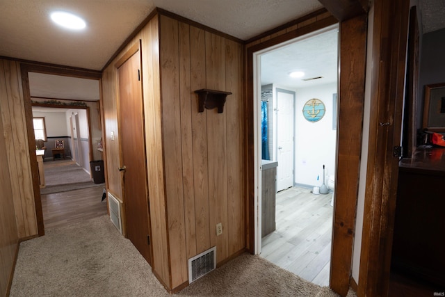 corridor featuring wood walls, wood finished floors, and baseboards