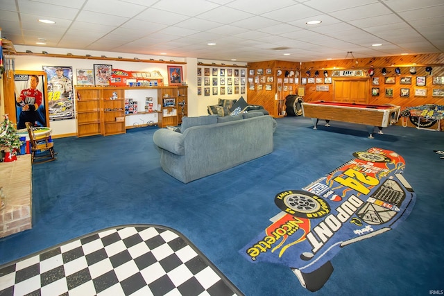 509 Mount Ashley Rd, Evansville, IN 47711 - playroom featuring carpet flooring, pool table, wood walls, and recessed lighting