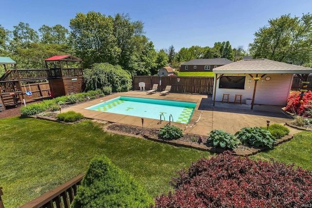 509 Mount Ashley Rd, Evansville, IN 47711 - view of swimming pool with a gazebo, a playground, a patio area, and view of wooded area