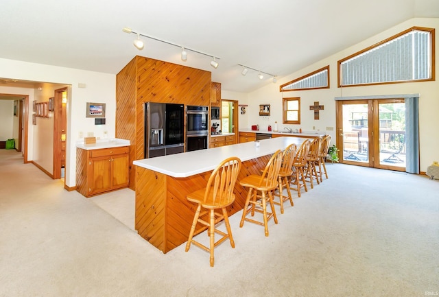 509 Mount Ashley Rd, Evansville, IN 47711 - kitchen with fridge with ice dispenser, rail lighting, light carpet, and lofted ceiling
