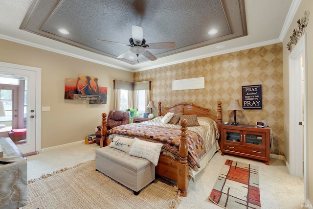 bedroom with crown molding, carpet, baseboards, wallpapered walls, and recessed lighting