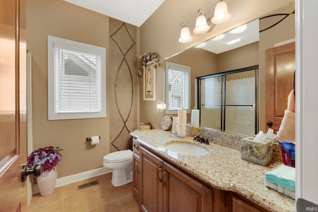 full bath featuring tile patterned flooring, baseboards, vanity, an enclosed shower, and toilet