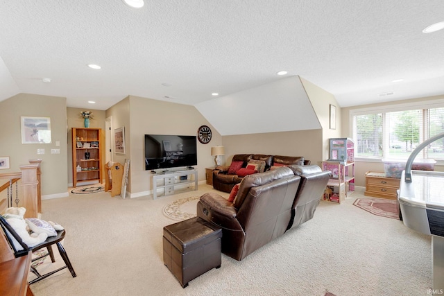 living area with vaulted ceiling, carpet flooring, a textured ceiling, recessed lighting, and baseboards