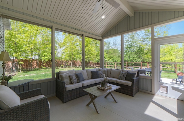 1004 Hathaway Rd, Fort Wayne, IN 46845 - sunroom / solarium featuring an outdoor living space, ceiling fan, vaulted ceiling, and plenty of natural light
