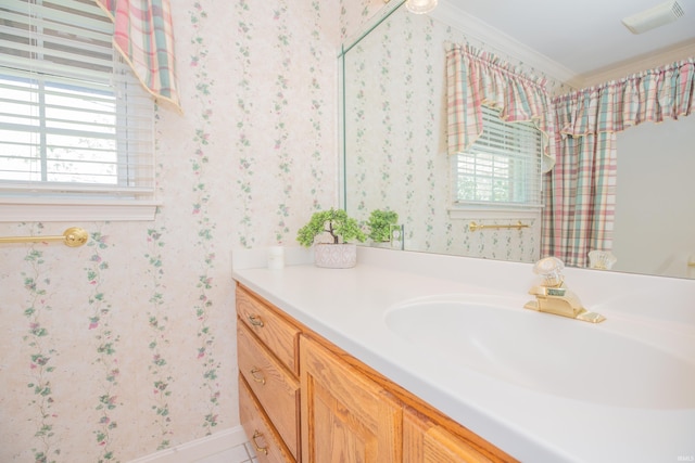 300 Springhaven Dr, Evansville, IN 47710 - bathroom with healthy amount of natural light, wallpapered walls, vanity, curtained shower, and baseboards