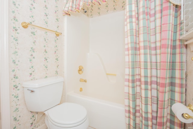 300 Springhaven Dr, Evansville, IN 47710 - bathroom featuring wallpapered walls, toilet, and shower / bathtub combination with curtain