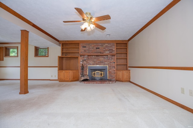 300 Springhaven Dr, Evansville, IN 47710 - unfurnished living room featuring baseboards, built in shelves, and light colored carpet