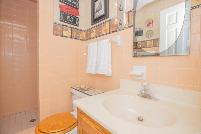 300 Springhaven Dr, Evansville, IN 47710 - bathroom with tile walls, toilet, vanity, and tiled shower