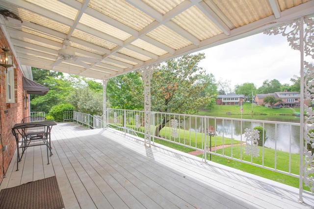 300 Springhaven Dr, Evansville, IN 47710 - wooden deck with a water view, ceiling fan, and a yard