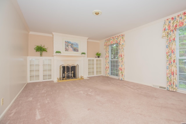 300 Springhaven Dr, Evansville, IN 47710 - unfurnished living room featuring crown molding, a fireplace, baseboards, and carpet flooring