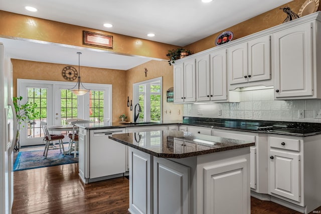 10528 Indian Ridge Dr, Fort Wayne, IN 46814 - kitchen with white appliances, a peninsula, a sink, white cabinetry, and recessed lighting