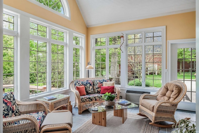 10528 Indian Ridge Dr, Fort Wayne, IN 46814 - sunroom with lofted ceiling and a wall unit AC