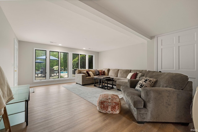 living area with wood finished floors and recessed lighting