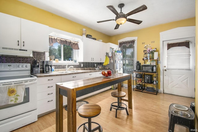 213 E Fourth St, Milford, IN 46542 - kitchen featuring white electric range, under cabinet range hood, black microwave, a sink, and tasteful backsplash