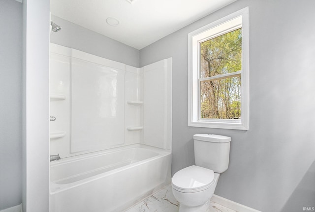 10059 Jefferson Rd, Osceola, IN 46561 - full bath featuring marble look tiles, toilet, baseboards, and  shower combination