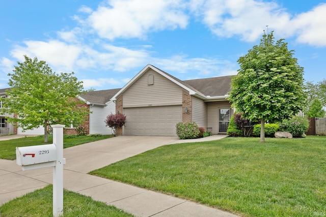 view of front of home with concrete driveway, a garage, a front lawn, brick siding, and a shingled roof