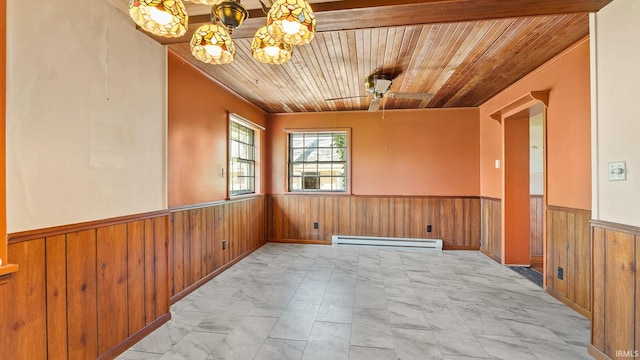 800 E 900 N, Decatur, IN 46733 - unfurnished room featuring wood walls, wainscoting, baseboard heating, wooden ceiling, and marble look tiles