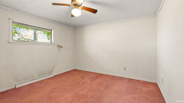 800 E 900 N, Decatur, IN 46733 - unfurnished room featuring baseboard heating, carpet floors, a ceiling fan, crown molding, and baseboards