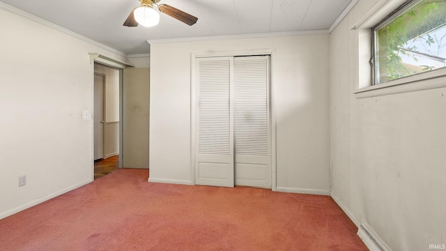 800 E 900 N, Decatur, IN 46733 - unfurnished bedroom featuring light carpet, ornamental molding, a closet, baseboards, and a ceiling fan