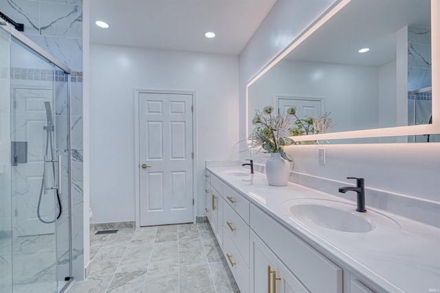 3530 Montgomery Ct, Newburgh, IN 47630 - full bath featuring a marble finish shower, double vanity, recessed lighting, marble finish flooring, and toilet