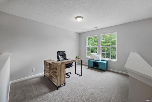 home office with carpet floors, baseboards, and a textured ceiling