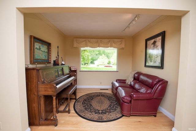 living area with light wood finished floors, rail lighting, crown molding, and baseboards