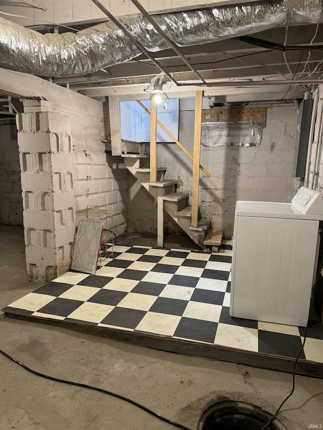 217 E Eichel Ave, Evansville, IN 47711 - below grade area featuring washer / clothes dryer, tile patterned floors, and stairway
