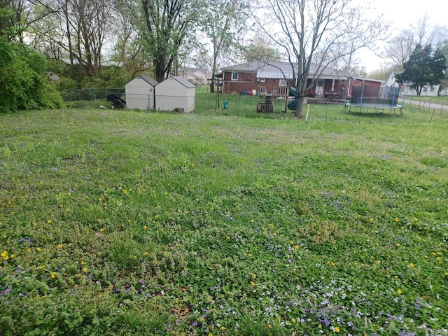 403 E Poplar St, Fort Branch, IN 47648 - view of yard featuring a trampoline, a storage shed, and an outbuilding