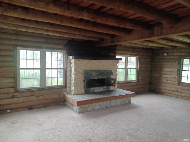 403 E Poplar St, Fort Branch, IN 47648 - carpeted living area featuring log walls, a stone fireplace, and beam ceiling