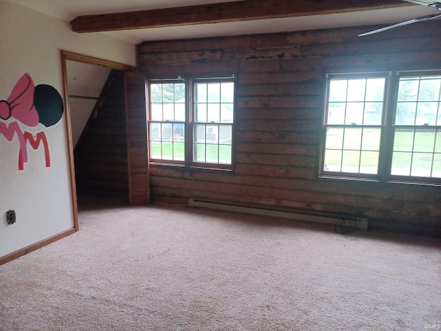 403 E Poplar St, Fort Branch, IN 47648 - spare room featuring baseboard heating, carpet, and beam ceiling
