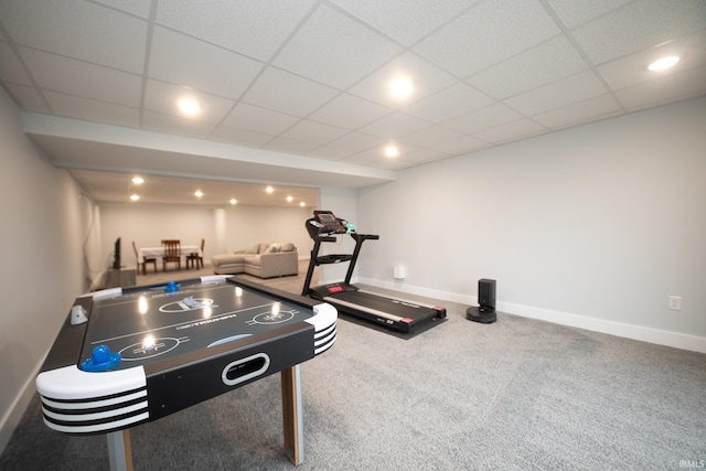 735 E Holland Dr, Bloomington, IN 47401 - recreation room featuring baseboards, carpet flooring, and a paneled ceiling